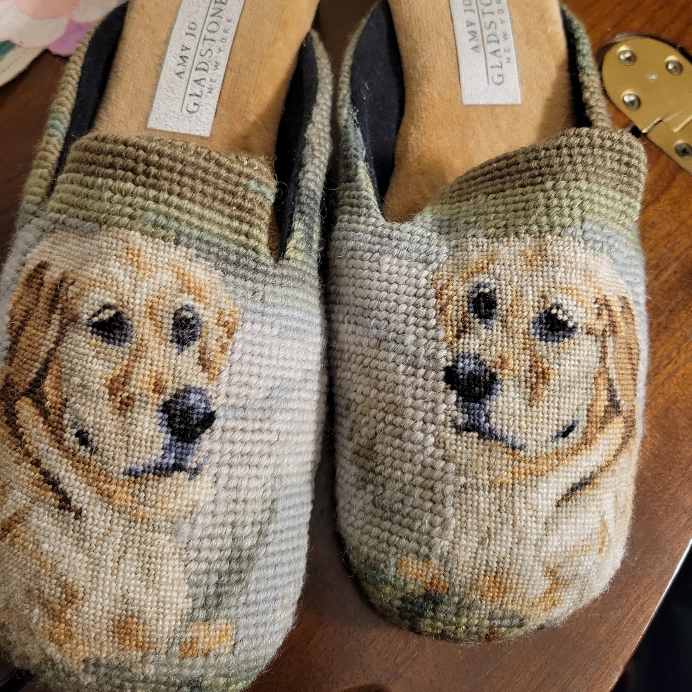Dog Patterned Slippers - Green and Tan Made By Amy Jo Gladsone Size M
